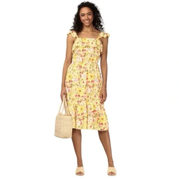 LAUREN CONRAD Midi Dress Ruffles Sleeveless Floral Yellow Pink Green Women L - Picture 1 of 11